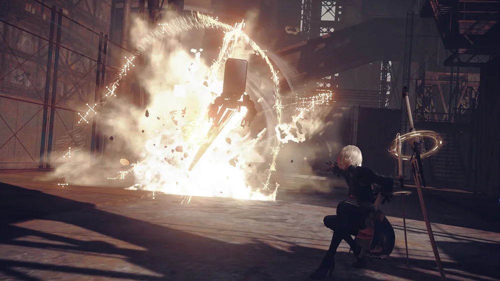 2B using her pod laser skill to destroy enemies in Nier: Automata game.