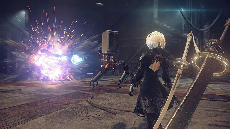 2B using Drone's-ranged attacks to destroy enemies in Nier Automata
